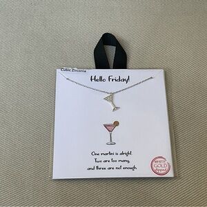 Hello Friday! Martini Glass Necklace Cubic Zirconia White Dipped Gold NWT